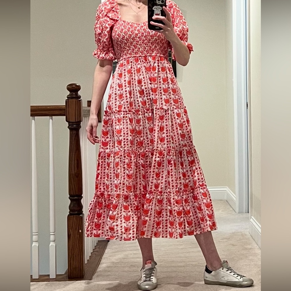Pinky City Print Floral Red and Pink Midi Dress
